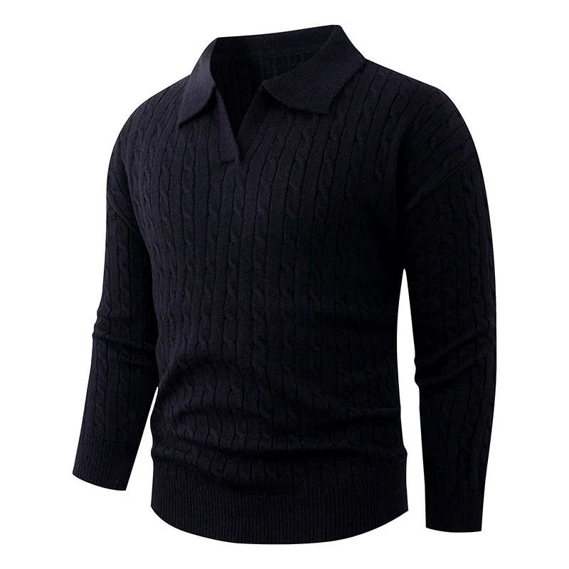 Herren Kabelstrick-Polo-Pullover mit V-Ausschnitt und Zopfmuster Nord Taschen