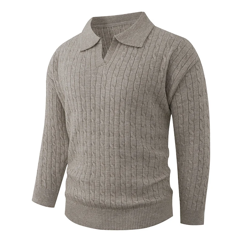 Herren Kabelstrick-Polo-Pullover mit V-Ausschnitt und Zopfmuster Nord Taschen