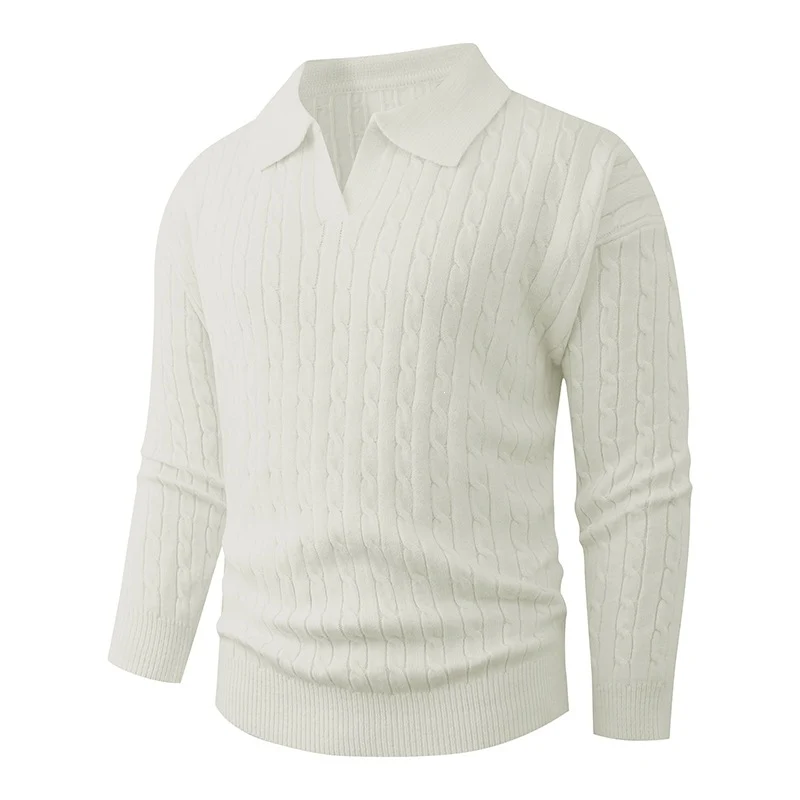 Herren Kabelstrick-Polo-Pullover mit V-Ausschnitt und Zopfmuster Nord Taschen